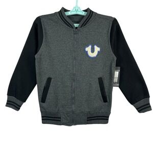 True Religion Boys Graphic Zip-Up Jacket M (10/12) Black & Gray Ribbed Trim NWT